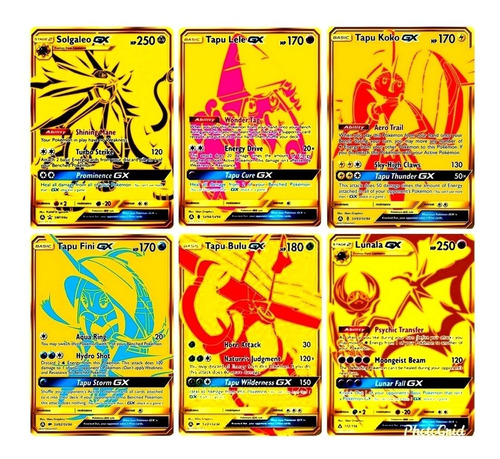 6 Cartas Pokemon Gx Gold: Solgaleo + Lunala + 4 Cartas Tapú